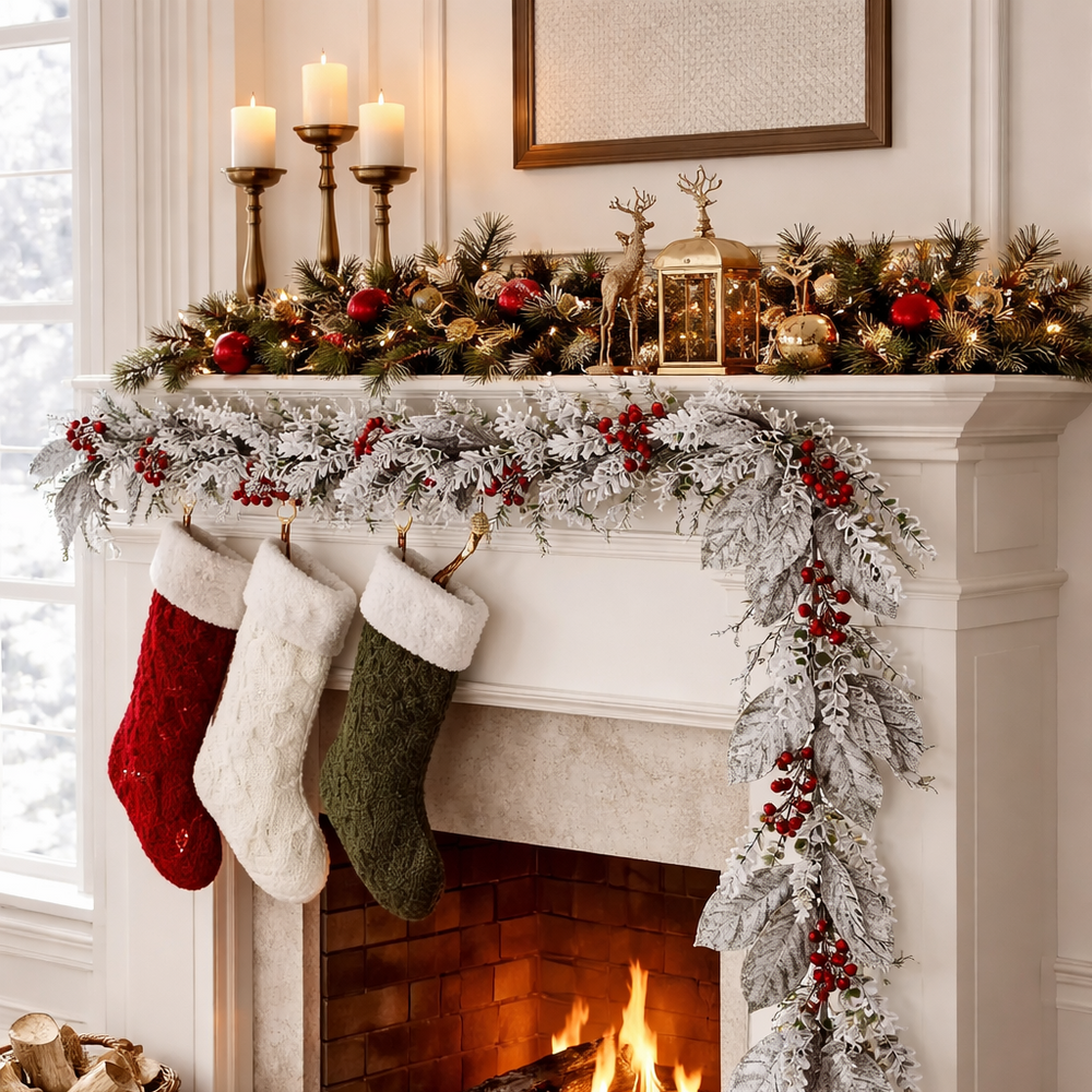 5 Ft Snowy Berry Leaf Magnolia Garland