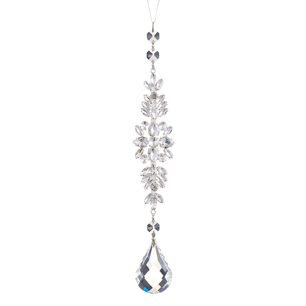 Crystal hanging ornament with teardrop design on a white background