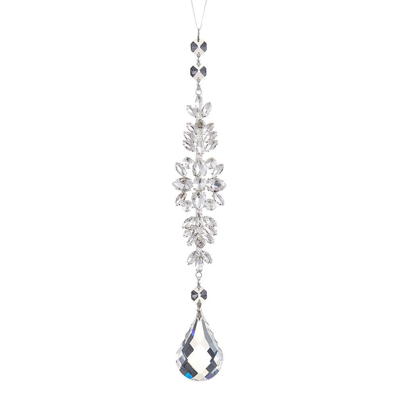 Crystal hanging ornament with teardrop design on a white background
