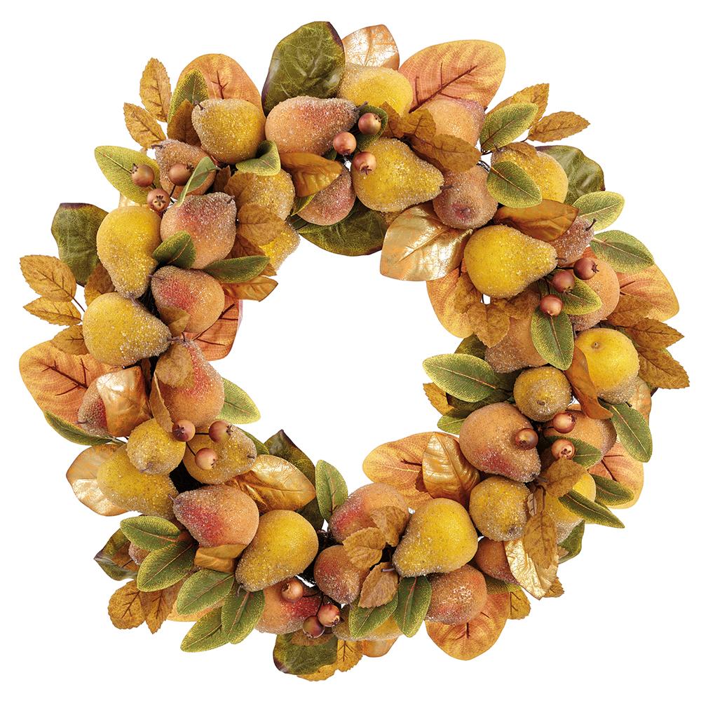 Decorative wreath with autumnal fruits and leaves on a white background