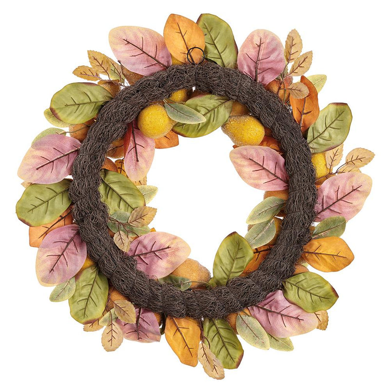 Decorative wreath with autumn leaves on a white background
