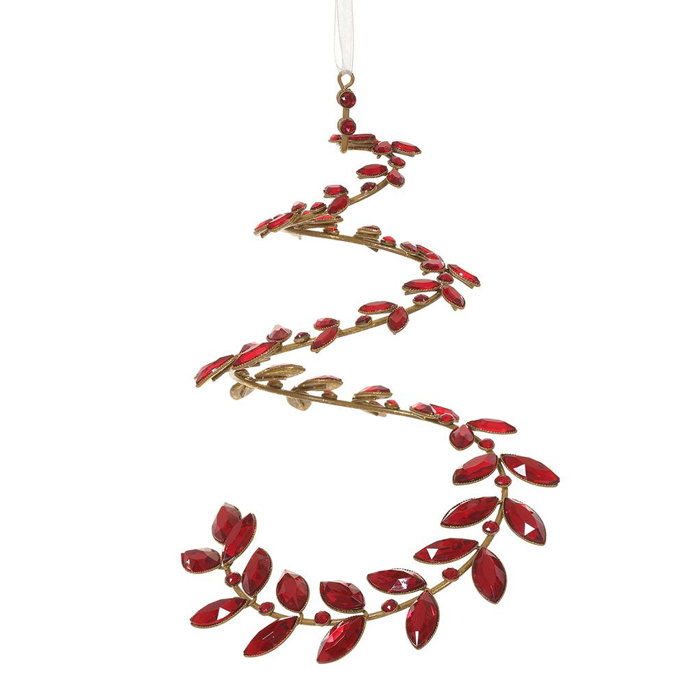 9" Red & Gold Swirl Leaf Rhinestone Ornament Set Of 2