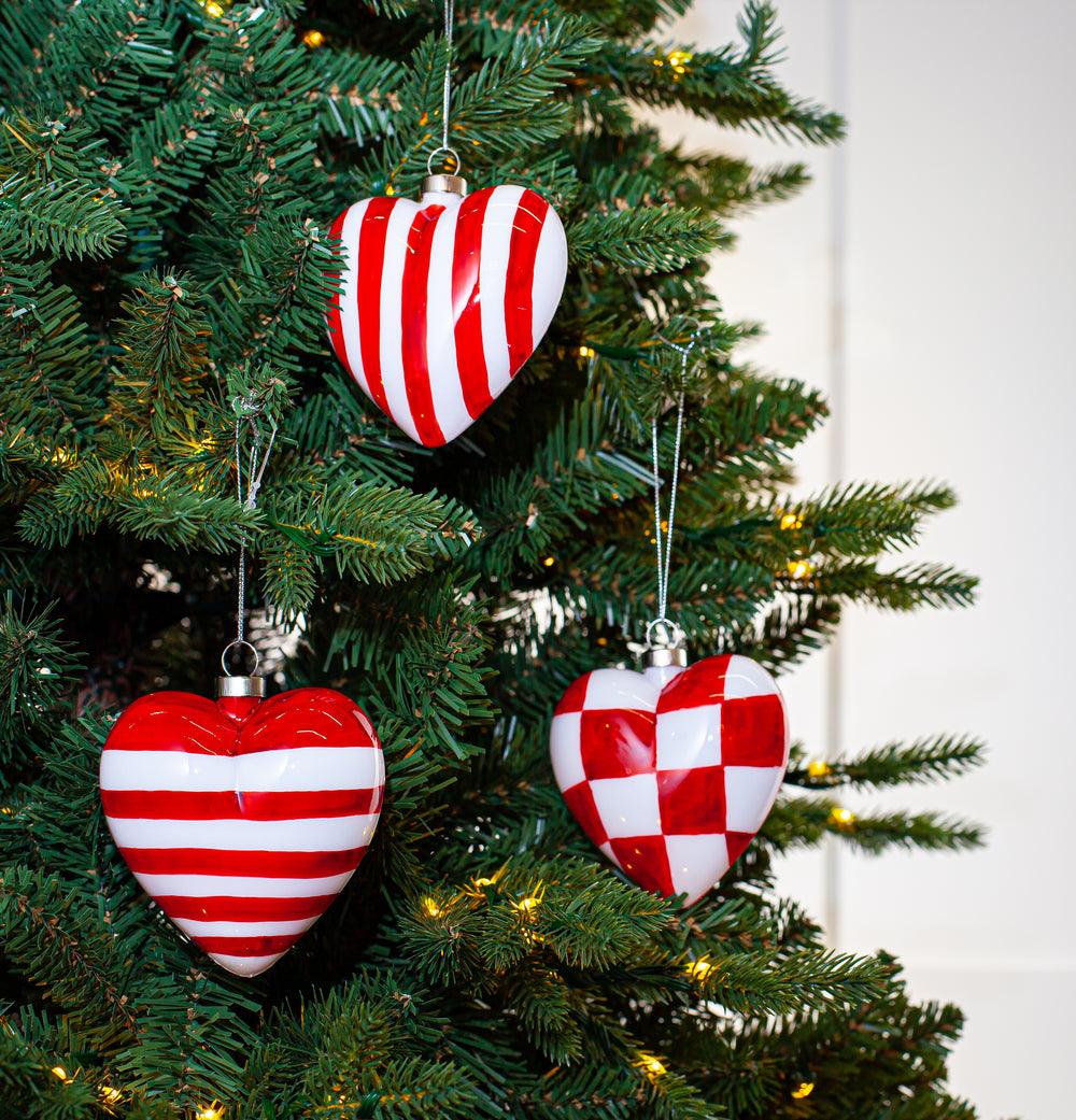 4" Red & White Heart Ornament Assorted Set Of 3
