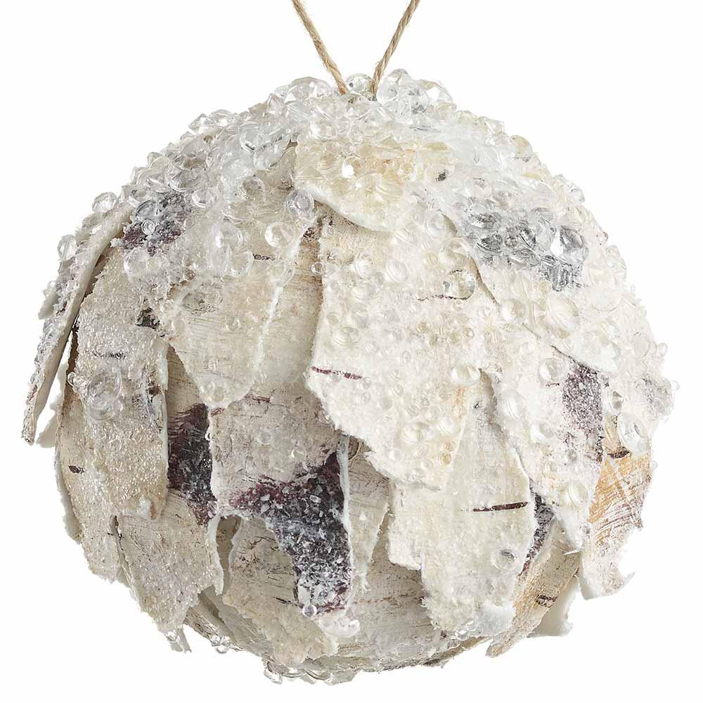 5" Ivory Beaded Birch Ball Ornament Set Of 4