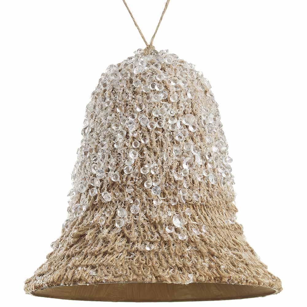8" Brown Beaded Jute Bell Ornament Set Of 2