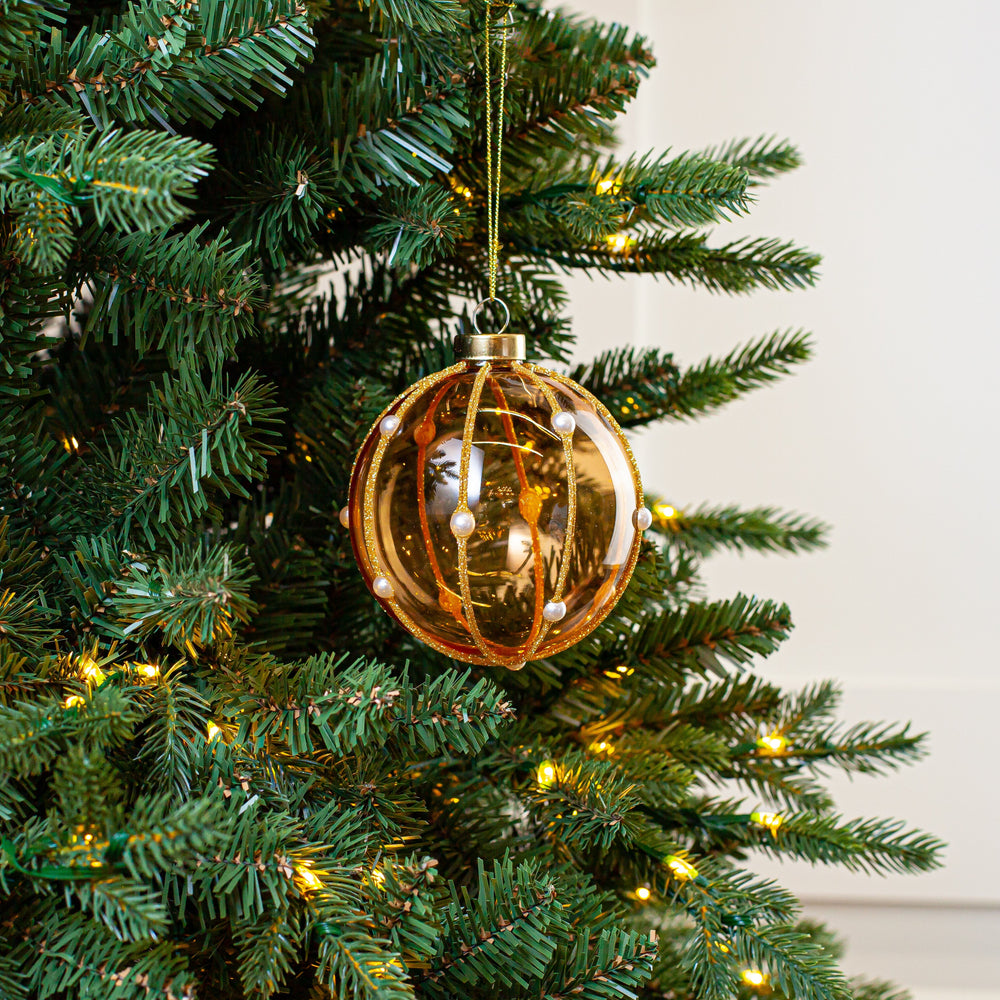 4" Tan Gold Glitter Pearl Glass Ball Ornament Set Of 6