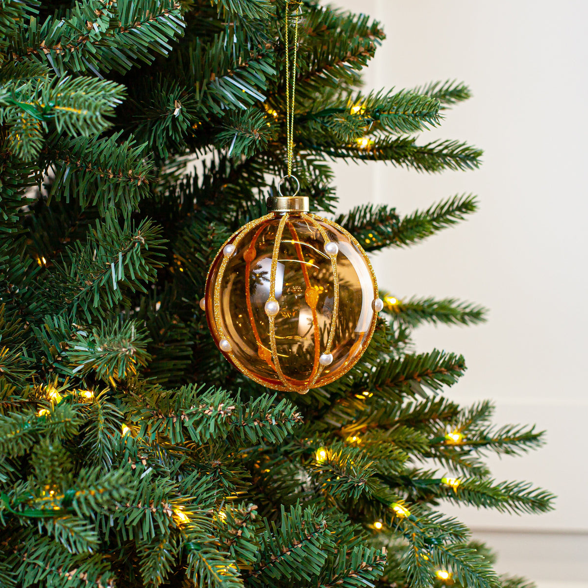 4" Tan Gold Glitter Pearl Glass Ball Ornament Set Of 6