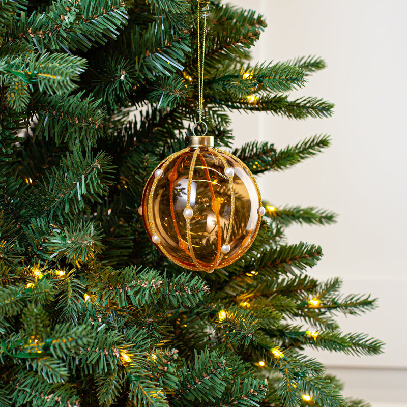 4" Tan Gold Glitter Pearl Glass Ball Ornament Set Of 6