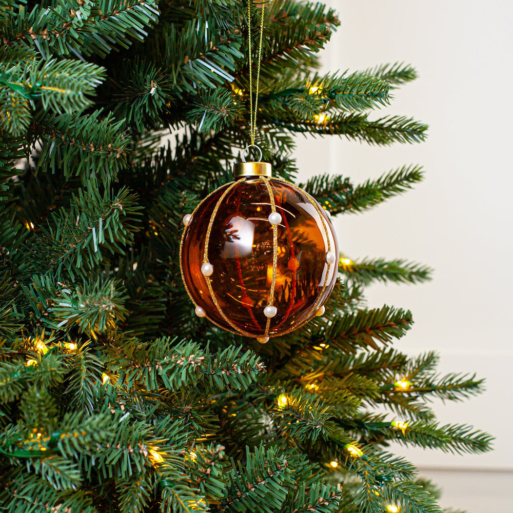 4" Amber Gold Glitter Pearl Glass Ball Ornament Set Of 6
