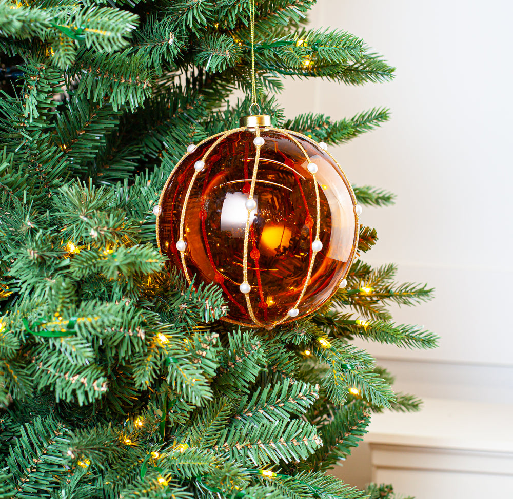 6" Amber Gold Glitter Pearl Glass Ball Ornament Set Of 2