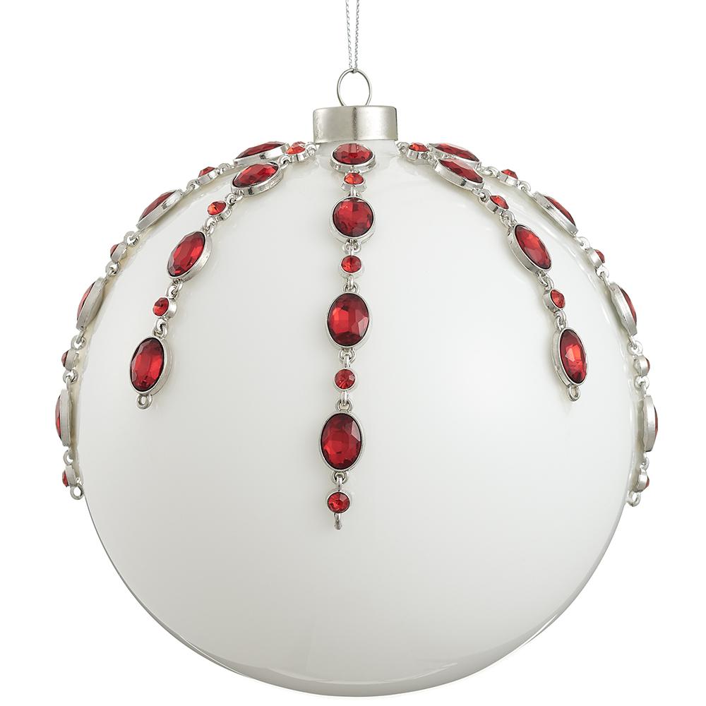 6" White Red Rhinestone Glass Ball Ornament Set Of 2