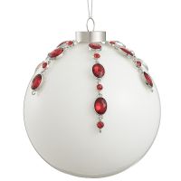 5" White Red Rhinestone Glass Ball Ornament Set Of 2