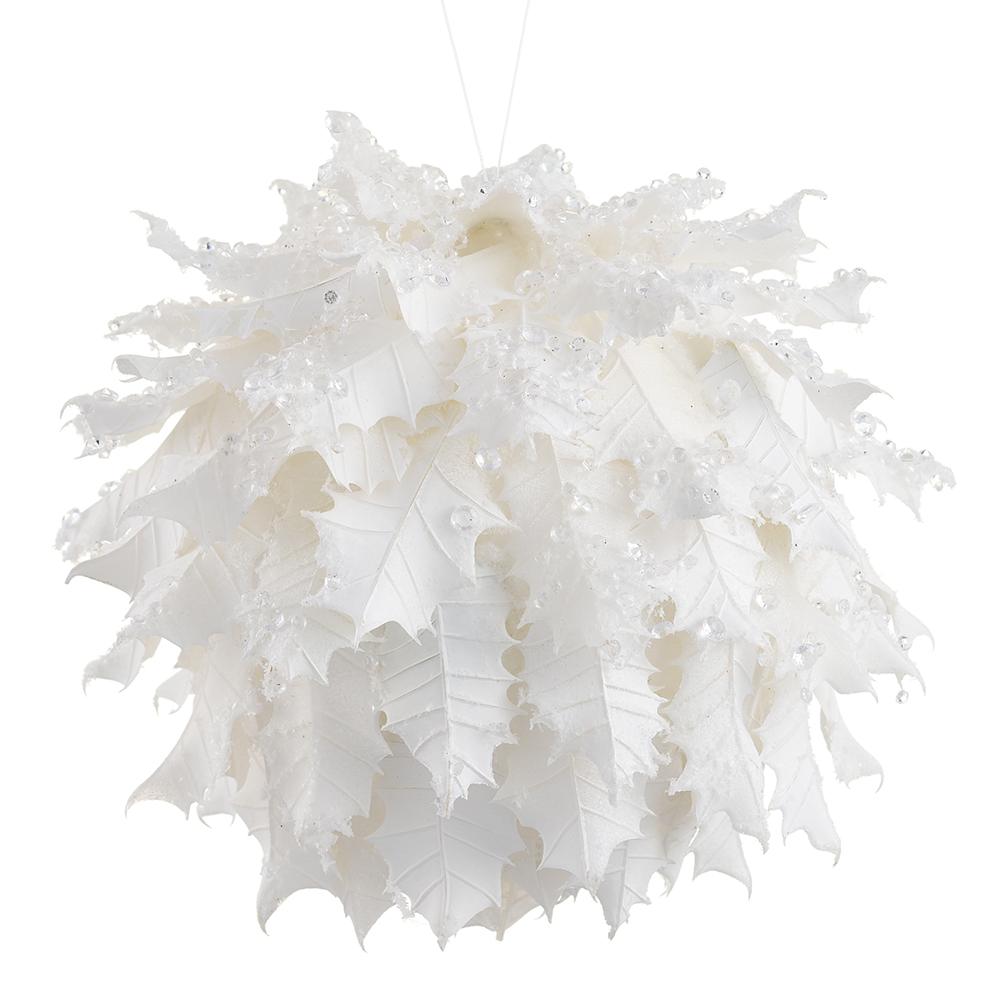 6.5" Adorno Esfera de Hojas de Acebo Blanco, Set de 2