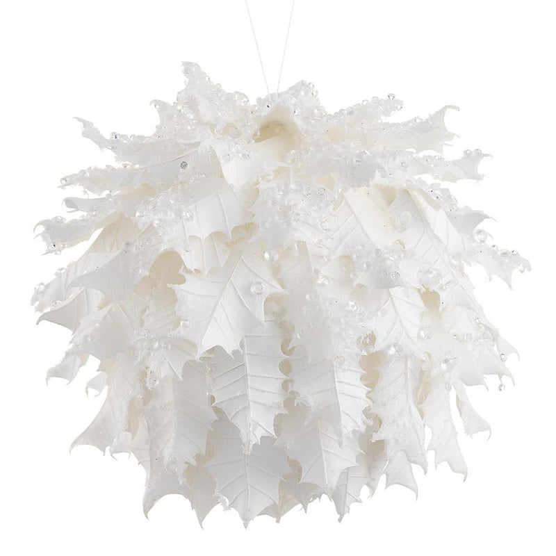 6.5" Adorno Esfera de Hojas de Acebo Blanco, Set de 2