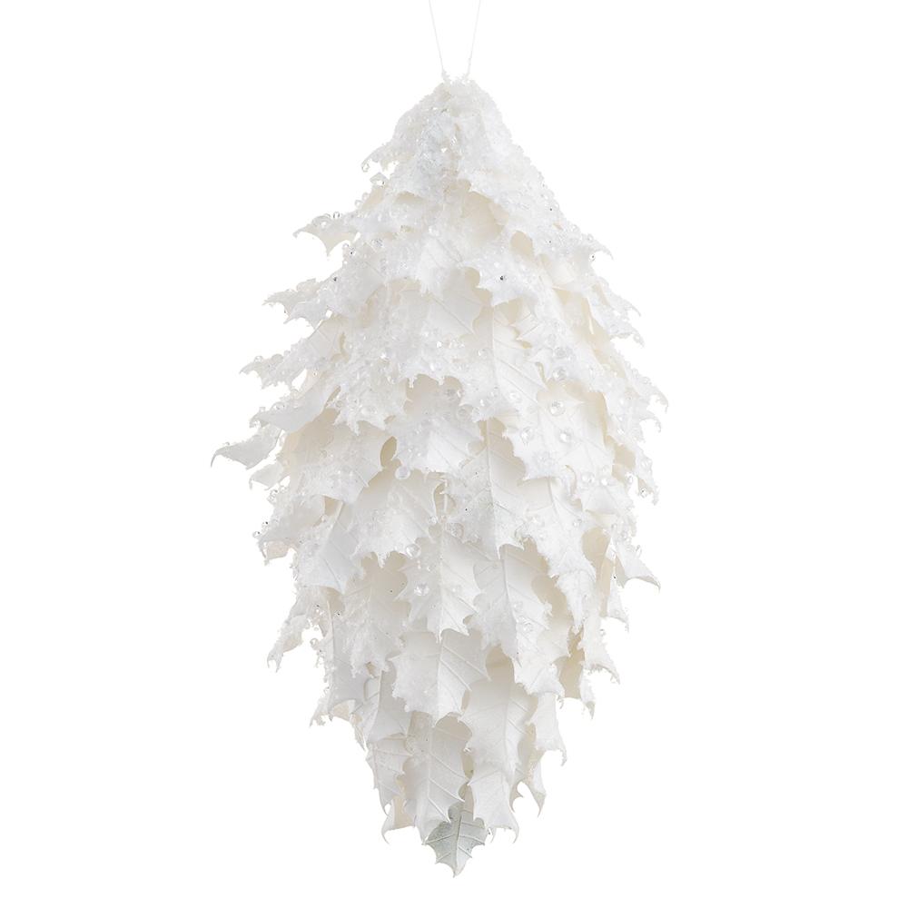 11" White Holly Leaf Finial Ornament Set Of 2