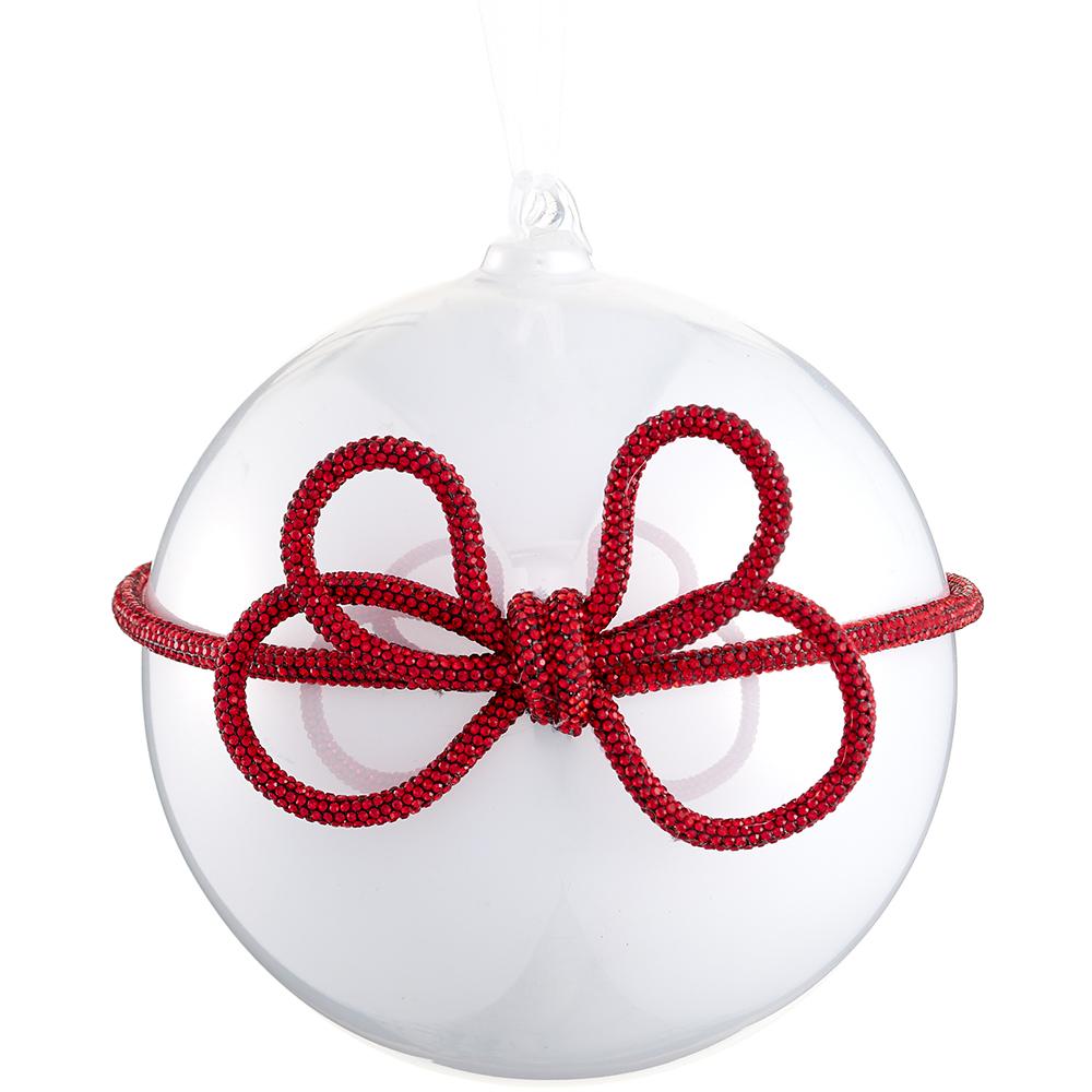 6" Pearl With Red Diamond Bow Ball Ornament Set Of 2