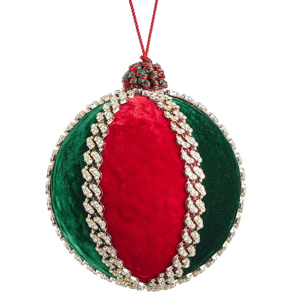 5" Diamond Red & Green Velvet Ball Ornament Set Of 2