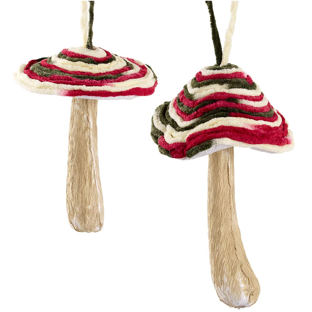 5.5"- 8" Red Green Yarn Mushroom Ornament Set Of 2