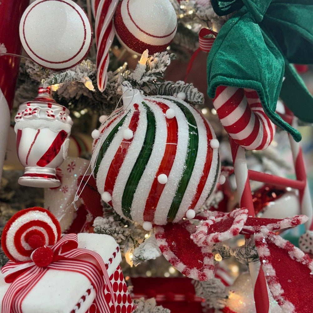 6" Green Red White Ball Ornament Set Of 2