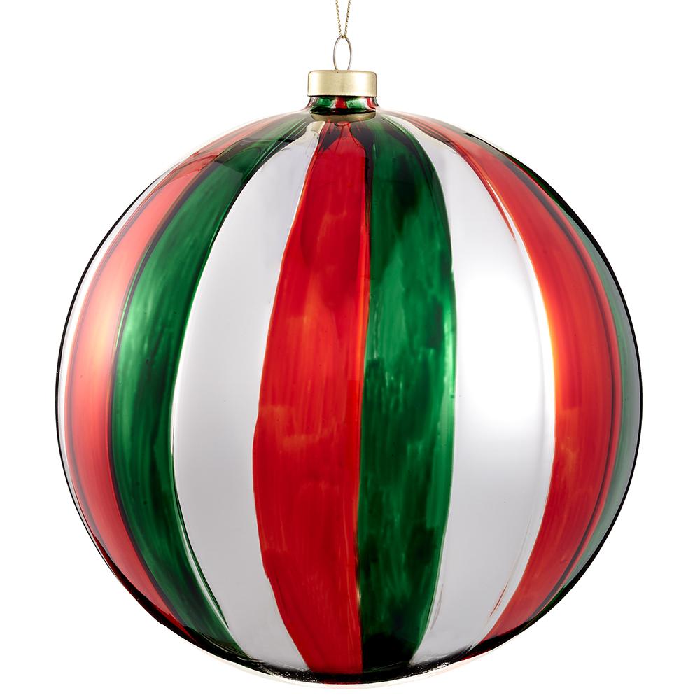 8" Red Green White Ball Ornament Set Of 2
