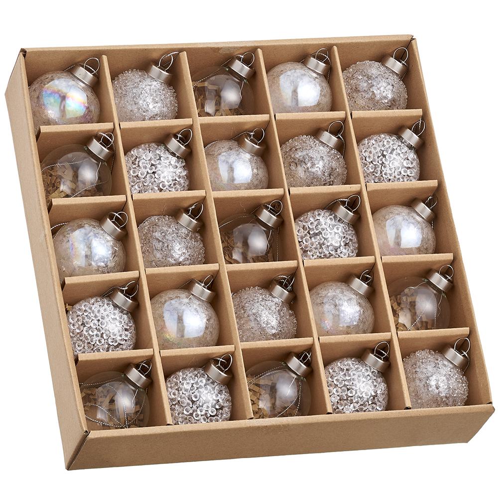 2" Clear Silver Glass Ornament Set Of 25