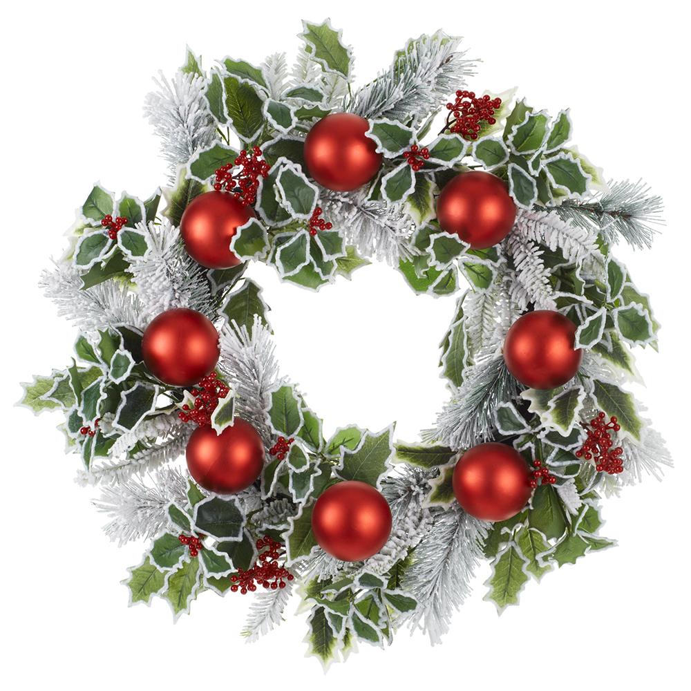 24" Snowy Holly Red Ornament Wreath