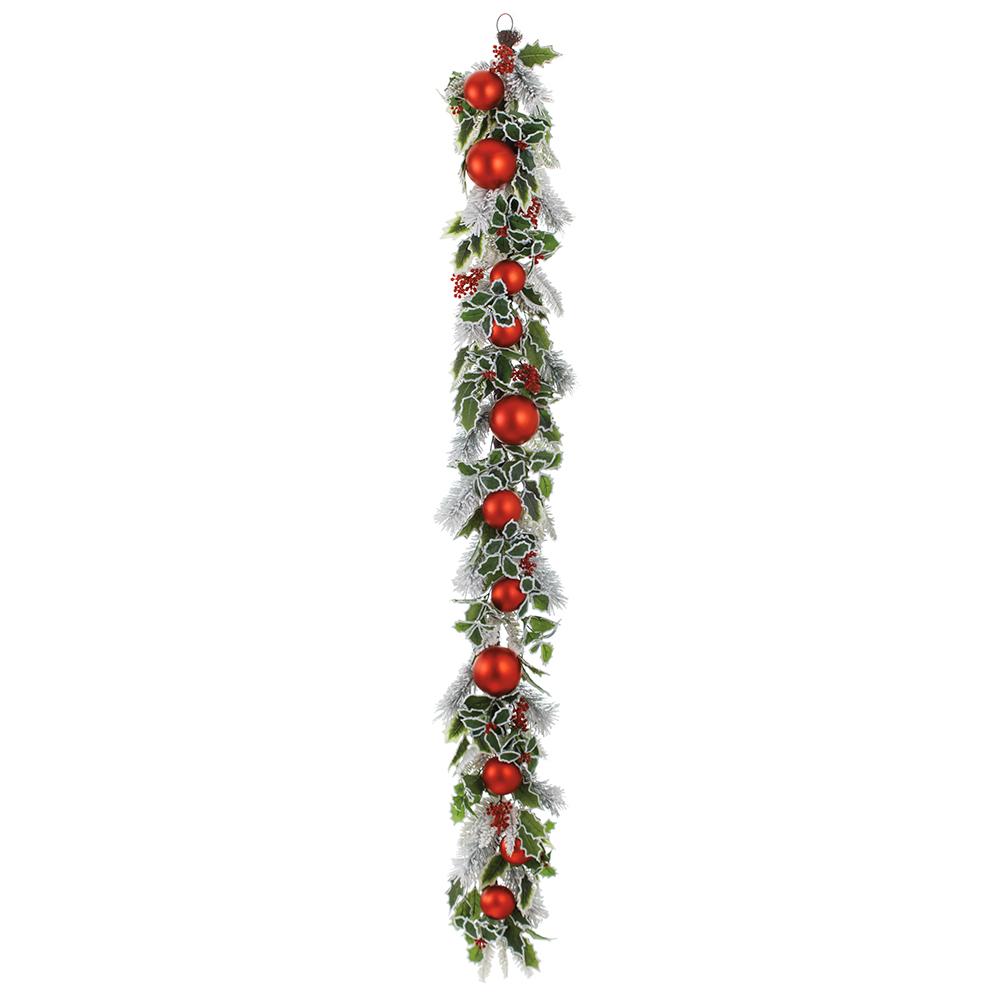 6 FT Snowy Holly Red Ornaments Garland