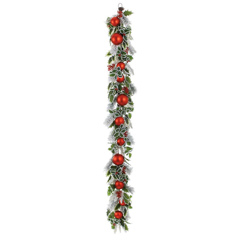 6 FT Snowy Holly Red Ornament Garland