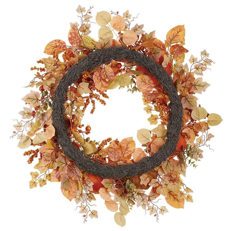 The back view of an autumn leaf wreath with pinecones on a white background