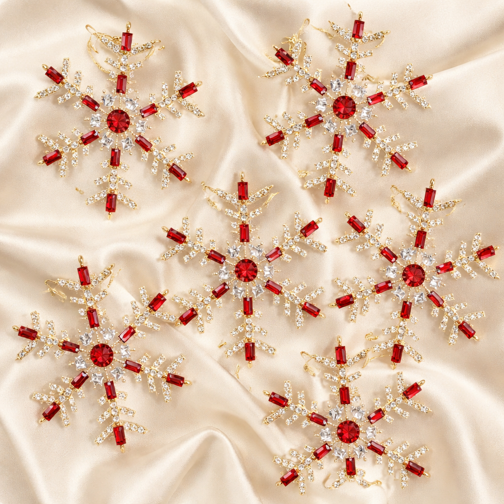 4" Red & Gold Rhinestone Snowflake Ornament Set Of 6