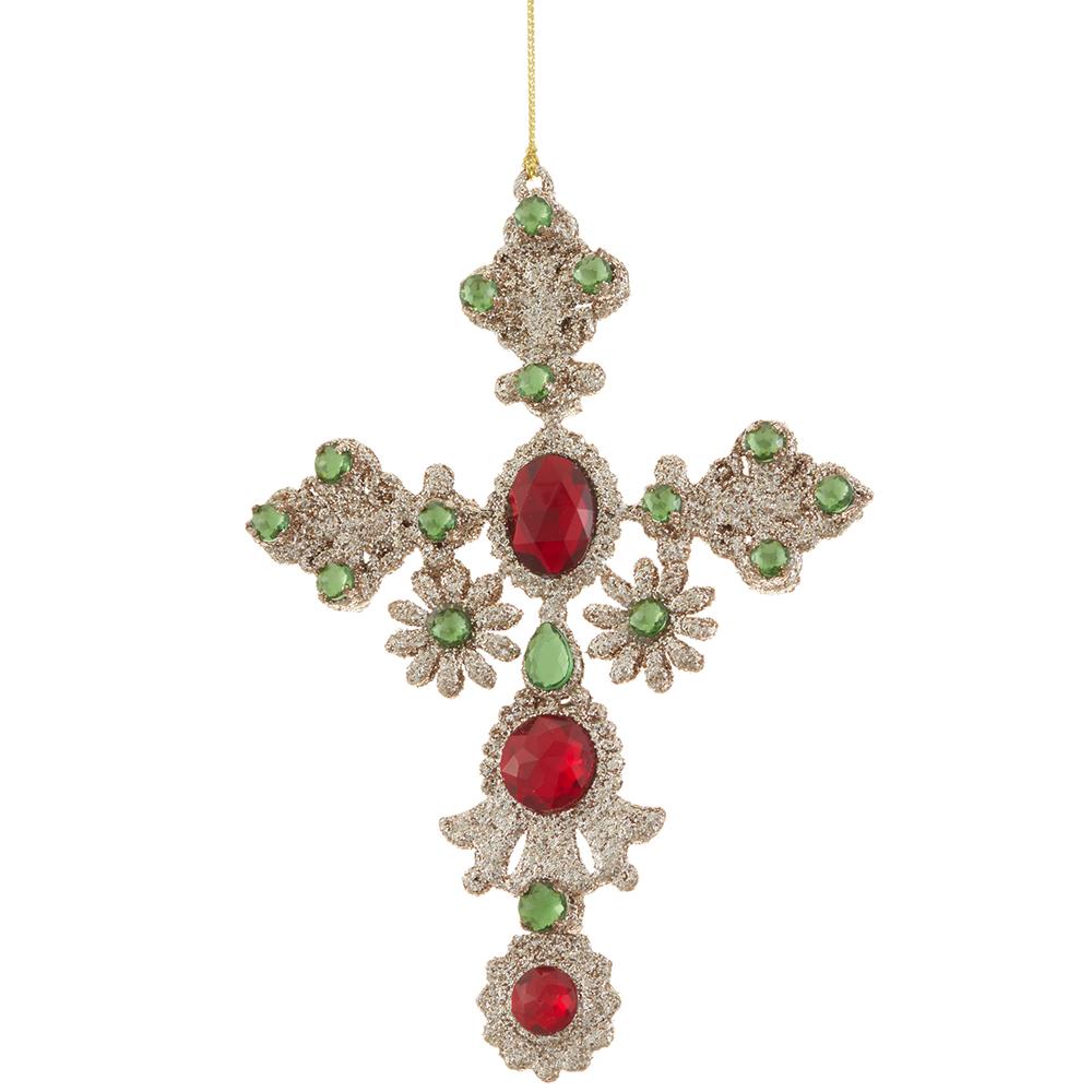 7" Red & Green Rhinestone Cross Ornament Set Of 6
