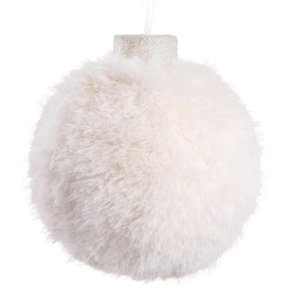 7" White Fur Ball Ornament Set of 4