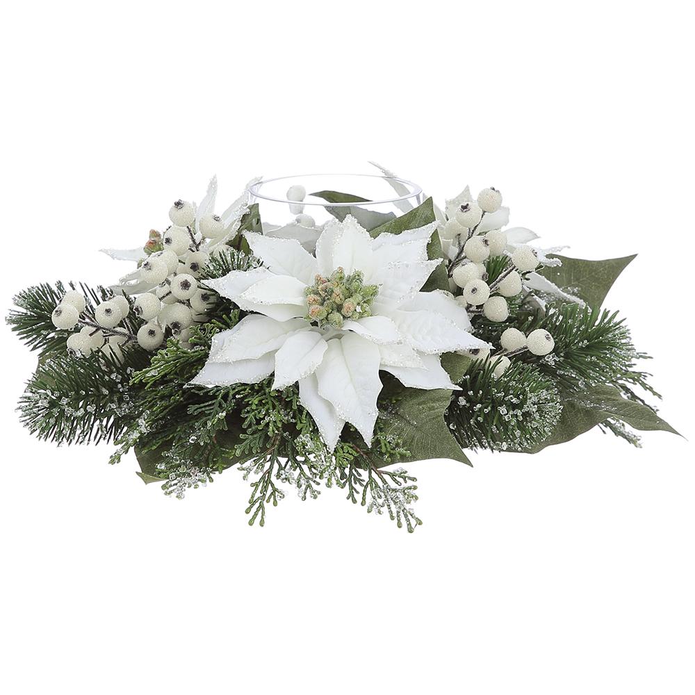 6" X 16" White Poinsettia Berry Candle Holder