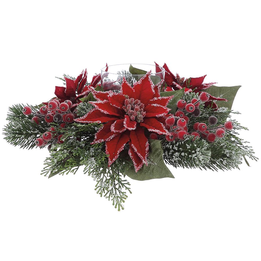 6" X 16" Red Poinsettia Centerpiece Candle Holder