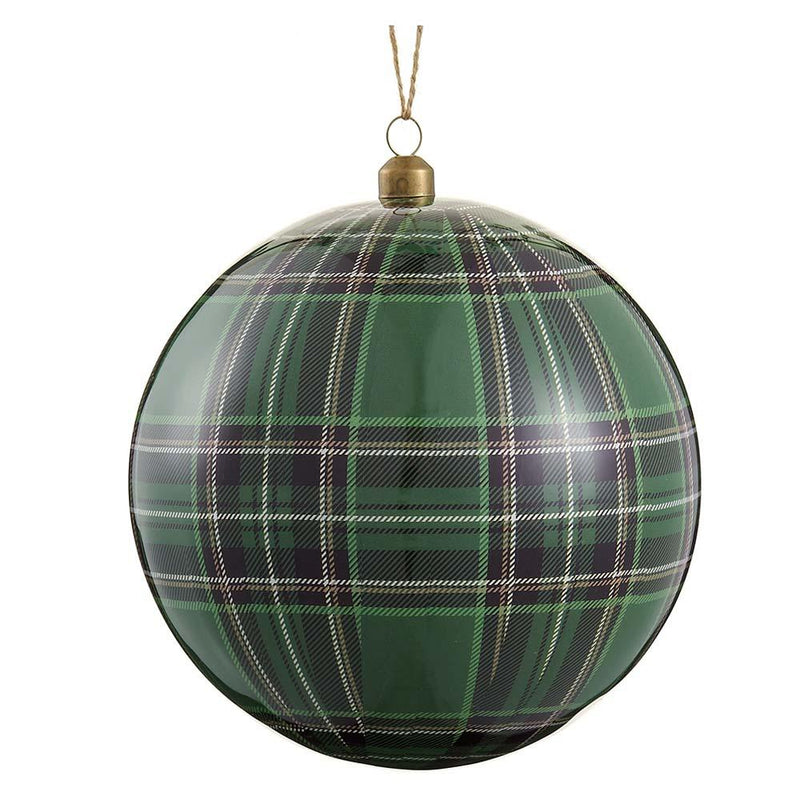 Green plaid Christmas ornament on a white background