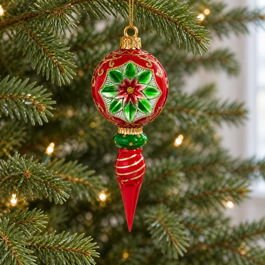 10" Red Green Vintage Finial Ornament Set Of 2