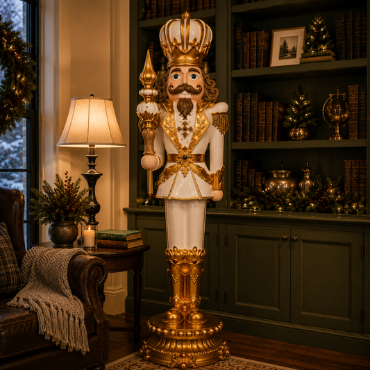 10 FT White & Gold King Nutcracker With Music & Warm White LED Lights