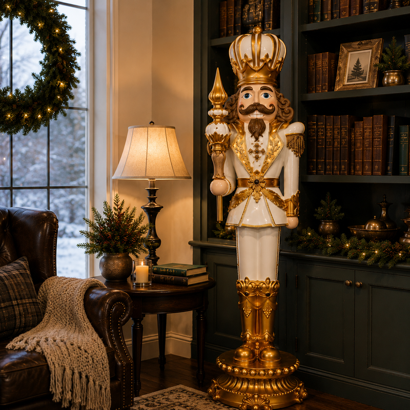 10 FT White & Gold King Nutcracker With Music & Warm White LED Lights
