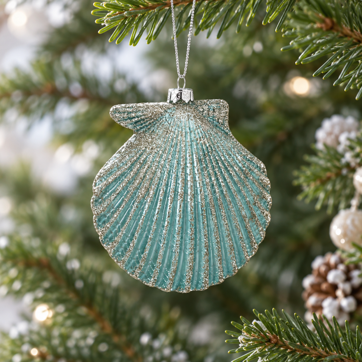 5"- 7" Aqua Gold Glitter Seashell Ornament Assorted Set Of 6