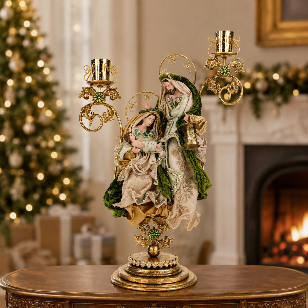 Mark Roberts 26.5" Green Holy Family On Pedestal