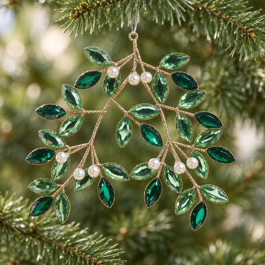 6" Green Jeweled Mistletoe Ornament Set Of 2