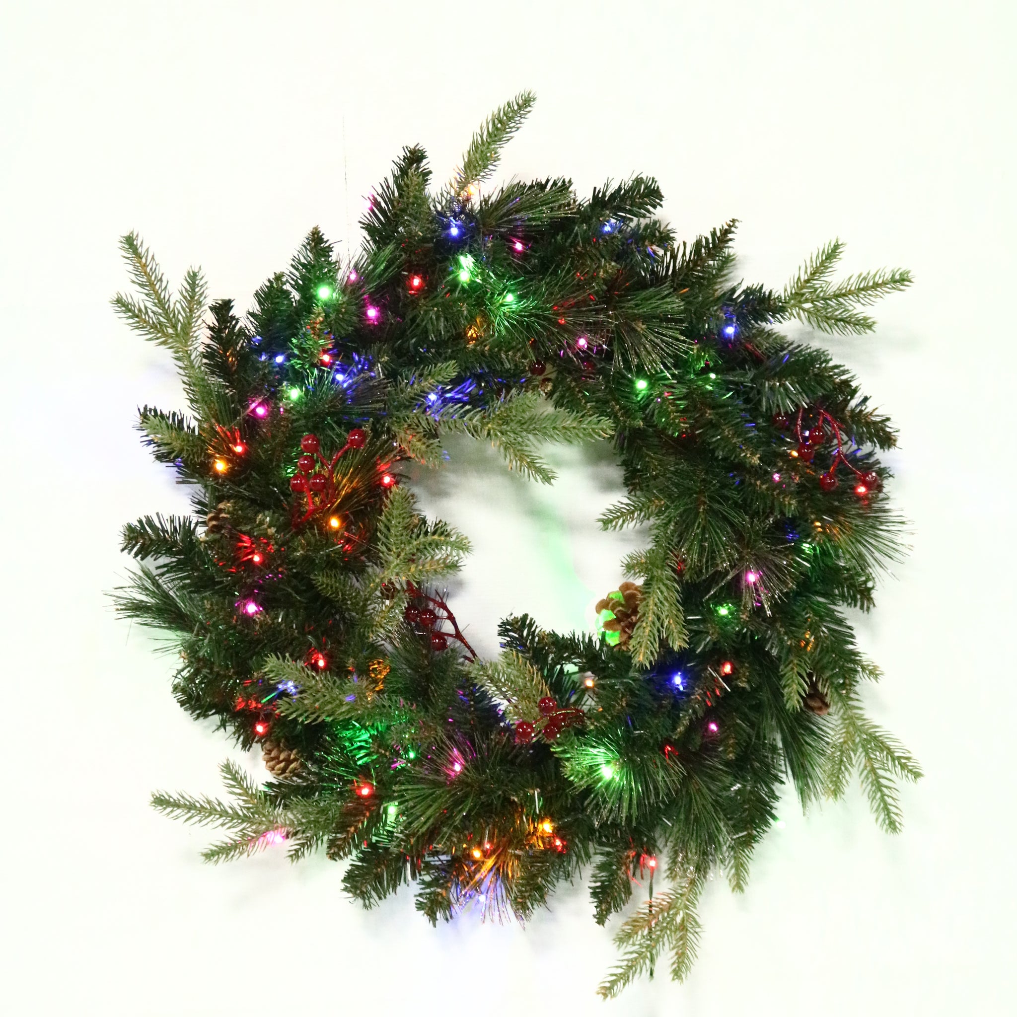 24" Norfolk Pine Wreath Pre Lit Warm White & Multi Color LED Battery Operated