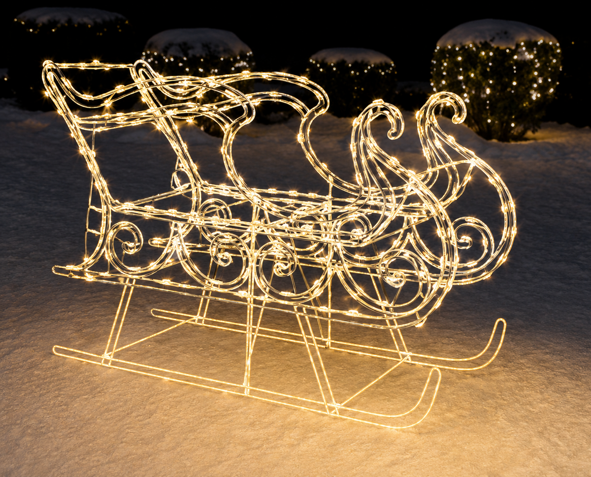 Decorative illuminated sleigh and reindeer figure on a snowy background