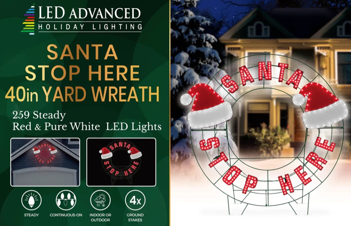 40" 259 LED Santa Stop Here Sign Twinkling Effect