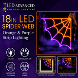 LED spider web strip lighting with orange and purple colors on a dark background, featuring LED Advanced branding.