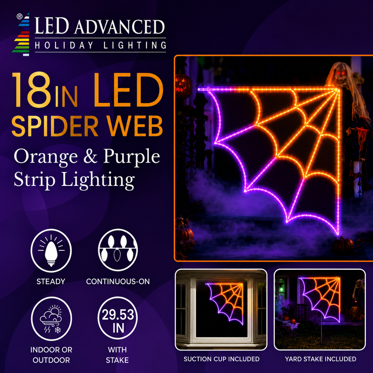 18" Orange & Purple Spider Web LED Display
