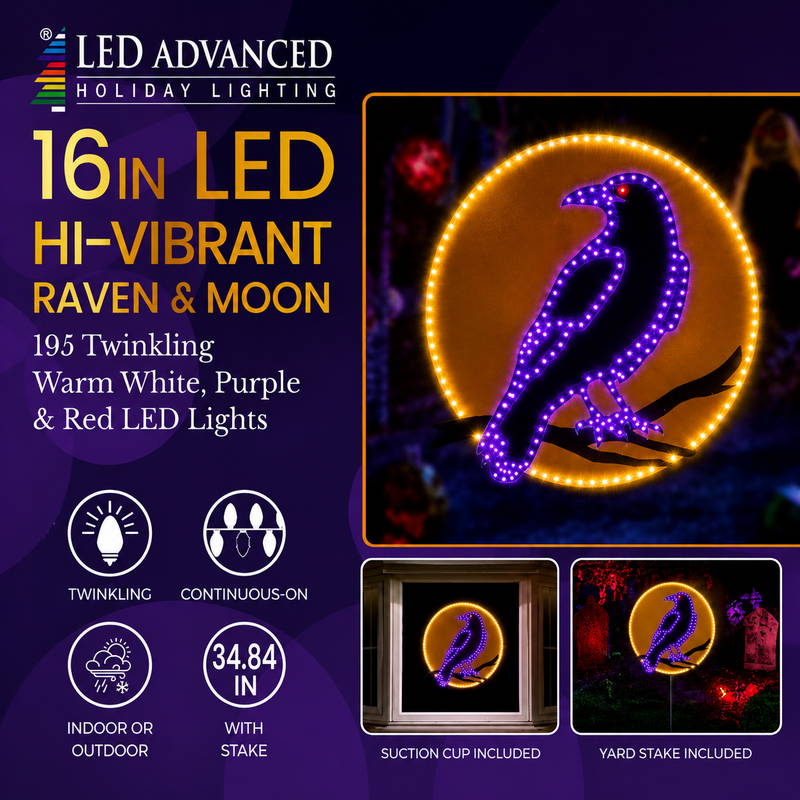 16" 195 LED Raven With Moon Display Twinkling Effect