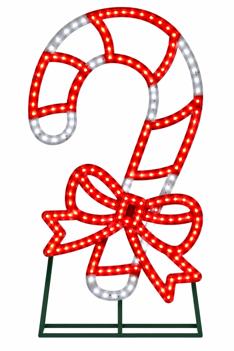 Decorative candy cane with red and white lights on a stand against a white background