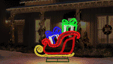 Decorative Christmas light display of a sleigh with presents against a dark background.