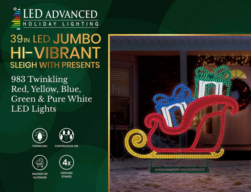 LED Advanced holiday lighting product with a sleigh and presents on a green background